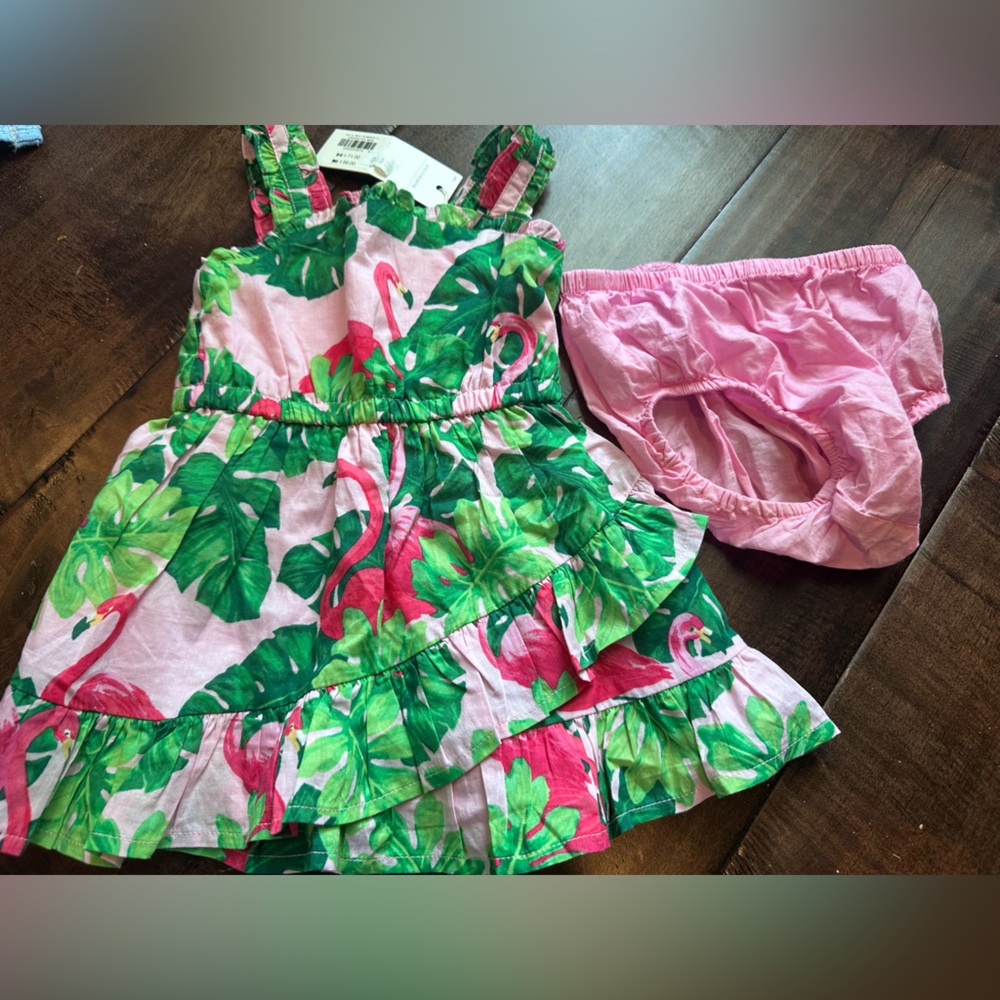NWT Janie and jack flamingo dress and diaper cover 6-12‎ dnr